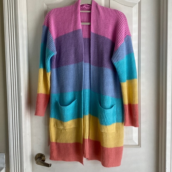 Sweaters - Pastel rainbow chunky stripe open cardigan with pockets size small
